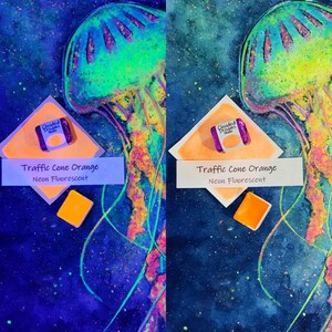 Cone de tráfego laranja-néon pastel fluorescente artesanal aquarela aquarela ultravioleta reativa UV vibrante metade, quarto, pan art