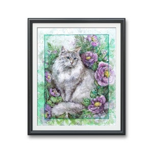 Katze im Blumengarten Original Aquarell Splatter Illustration Art PRINT weiße langhaarige Katze lila Pfingstrosen pastell elegantes englisches Haustier