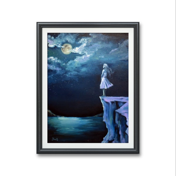 Star Gazing- Art PRINT of Oil on Canvas Painting Cliff, night sky, galaxy art therapy inner world heaven self reflection dreamer dreaming