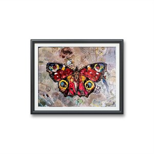 May include: A framed collage artwork featuring a colorful butterfly with red, yellow, and black wings. The butterfly is surrounded by a variety of textures and patterns, creating a unique and abstract design.