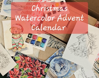 Advent Calendar 24 Envelopes Watercolor Christmas Set painting sheets Handmade Watercolour Mini Painting a day Mystery teen adult craft