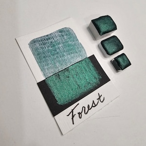 Floresta verde escuro - noite estrelada feita à mão aquarela mica brilho brilhante, aquarela iridescente metade vibrante, quarto, ponto pan art