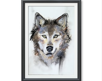 Gray Wolf portrait art PRINT, chalk pastel Illustration, wolf, dog Winter forest scene dog Alaska wild country National geographic canine