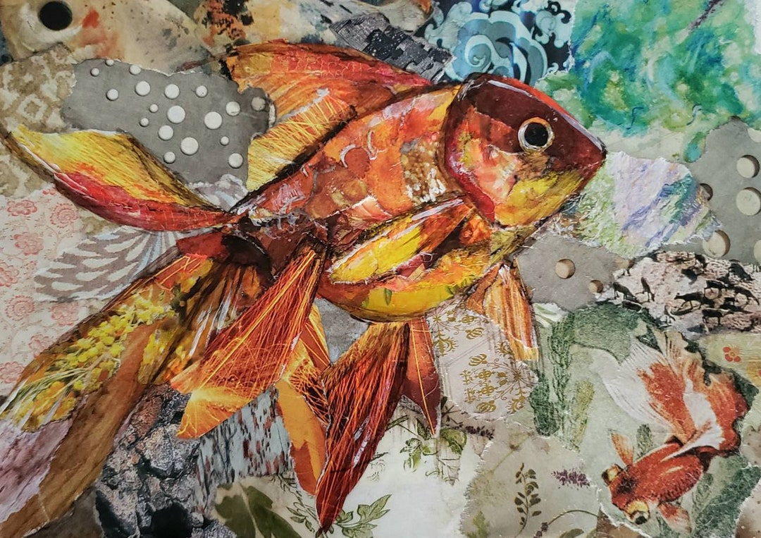 Goldfish Art Collage Freshwater Fish Aquarium Koi Pond Tropical Paradise  Painting, Wall Art Hidden Image Eye Spy 