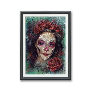 Catrina- Art PRINT calavera de azúcar, Ilustración original en acuarela dios de los muertos retrato obra de arte fantasía gótica oscura cara de Halloween
