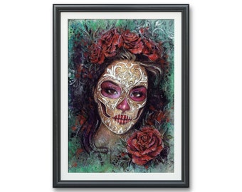 Catrina- Art PRINT sugar skull, Original watercolor illustration dios de los muertos portrait artwork dark gothic fantasy Halloween face