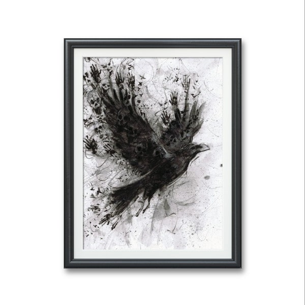 Death's messenger Raven- Art PRINT, Original Watercolor Artwork, Bird in Flight Blackbird crow dark fantasy horror creepy trapped soul lost