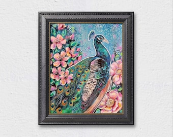 Peacock with Peonies Art Print art nouveau bird illustration drawing feather rose flowers colorful rainbow