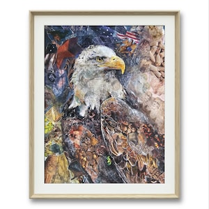 Amerikanischer Weißkopfseeadler, Liberty- Collage Vogelmalerei, patriotischer Stolz Vereinigte Staaten, USA, Veteran, Wandkunst verstecktes Bild Auge Spion