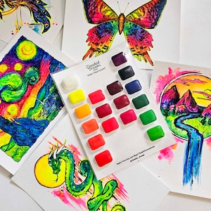 ネオンライト 蛍光 手作り 職人 水彩画 紫外線反応 UV 光る 鮮やか ハーフ クォーター パン レインボー パレット