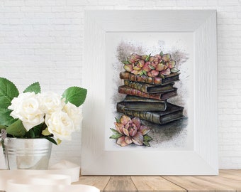 Bibliophile- Art PRINT, Stack of Books, Peonies, Original Watercolor Illustration Artwork, Floral Liberian gift library book art wall decor