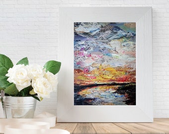 Texas Sunrise-  art PRINT Collage, landscape pond stream morning sun unique artwork fishing country chic sunset wall decor poster water art