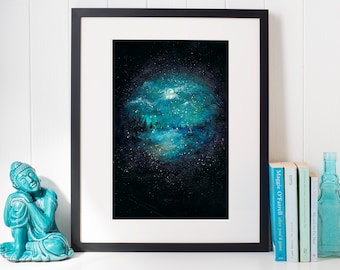 Smoke on the Water- Art PRINT Original Watercolor Illustration, night sky full moon fog landscape galaxy Texas art winter blue moon abstract