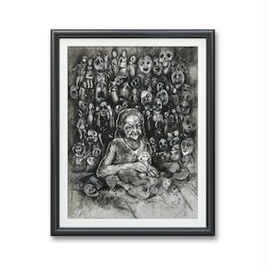 Doll maker, cursed dolls - Original art PRINT, Watercolor Illustration Artwork black & white trapped souls puppet dark gothic fantasy horror