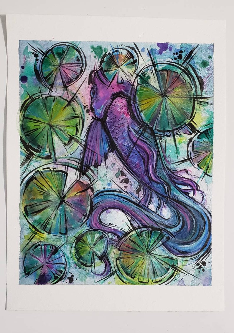 Rainbow Koi Fish Original Watercolor Illustration water lily pond lily pad beta goldfish tranquil water bright bathroom wall decor fountain