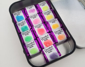 Estuche de paleta arcoíris fluorescente, hecho a mano, artesanal, acuarela, reactiva a los rayos ultravioleta, UV, vibrante, media y cuarta pastilla.