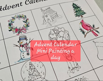 Advent Calendar Mini Coloring or Painting sheet Watercolor Christmas paint along daily Classroom activity Art