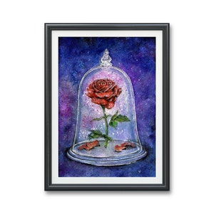 Illustrazione originale di arte dell'acquerello della rosa incantata La bella e la bestia, decorazione della parete dell'asilo nido Disney La fiaba della bella rosa incantata