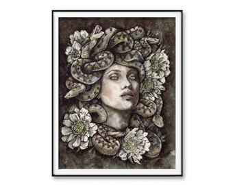 Medusa with white flowers- Art PRINT Original watercolor gorgon illustration artwork viper Romance Greek mythology snake tattoo head statue