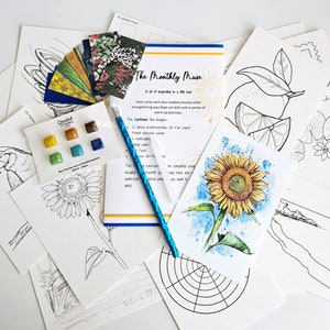 Caja de suscripción de inspiración con acuarela para arte, 22 lecciones de arte mensuales, fabricación de tarjetas, regalo para artistas, azul, amarillo, aprende a pintar