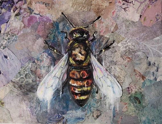 Honey Bee Art- Original Animal wall art bumblebee collage illustration save the bees, bee keeper, bee lover mixed media eye spy image hidden