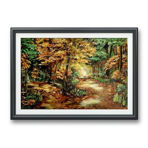 Robert Frost Road Not Taken Autumn Landscape- Art PRINT, Original Fall Oil Painting artwork Maple trees landscape orange yellow forest scene