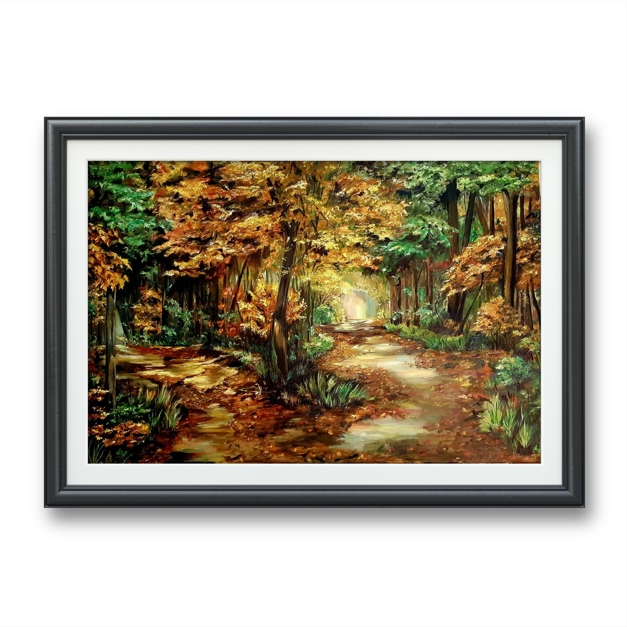 Robert Frost Road Not Taken Autumn Landscape- Art PRINT, Original Fall Oil Painting artwork Maple trees landscape orange yellow forest scene