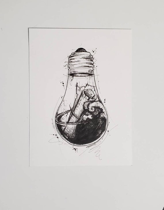 ふすい、【MESSAGE　IN　A　BOTTLE】、希少な額装用画集より Message in a Bottle- Art Print, Light Bulb, Original Pen and