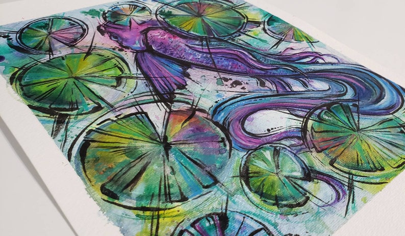 Rainbow Koi Fish Original Watercolor Illustration water lily pond lily pad beta goldfish tranquil water bright bathroom wall decor fountain