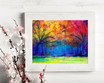A Walk in the Park - Art PRINT Colorful Landscape drawing artwork city walking fall changing weather vibrant New York
