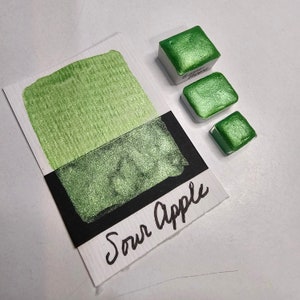 Zure appelgroen-Sterrennacht handgemaakte ambachtelijke aquarel mica glans glitter, iriserende aquarel levendige helft, kwartaal, pan art dot