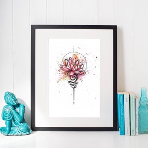 May include: A framed watercolor painting of a pink lotus flower with black ink details. The flower is surrounded by a circle of dots and lines. The background is white.