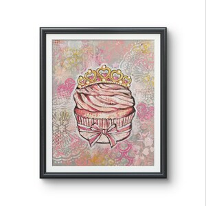 Sugary Nobility, pink cupcake- Art PRINT of an original acrylic painting, artwork bakery, kitchen, southern comfort, diner, home sugar sweet
