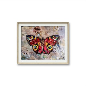 May include: A framed collage artwork featuring a colorful butterfly with red, yellow, and black wings. The butterfly is surrounded by a variety of textures and patterns, creating a unique and abstract design.