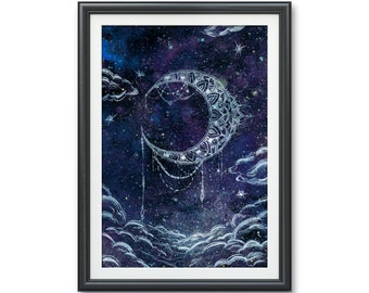 Dream Weaver- Art Print, Watercolor, Crescent Moon Henna Bohemian