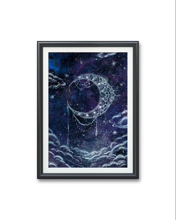Dream Weaver- Art Print, Watercolor, Crescent Moon Henna Bohemian