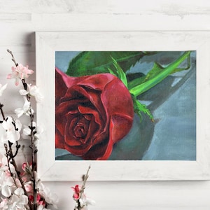 Red Rose Still life - Art Print Original Oil Painting, romantic, beauty and the beast, enchanted rose, fairy tale, floral flower Crimson