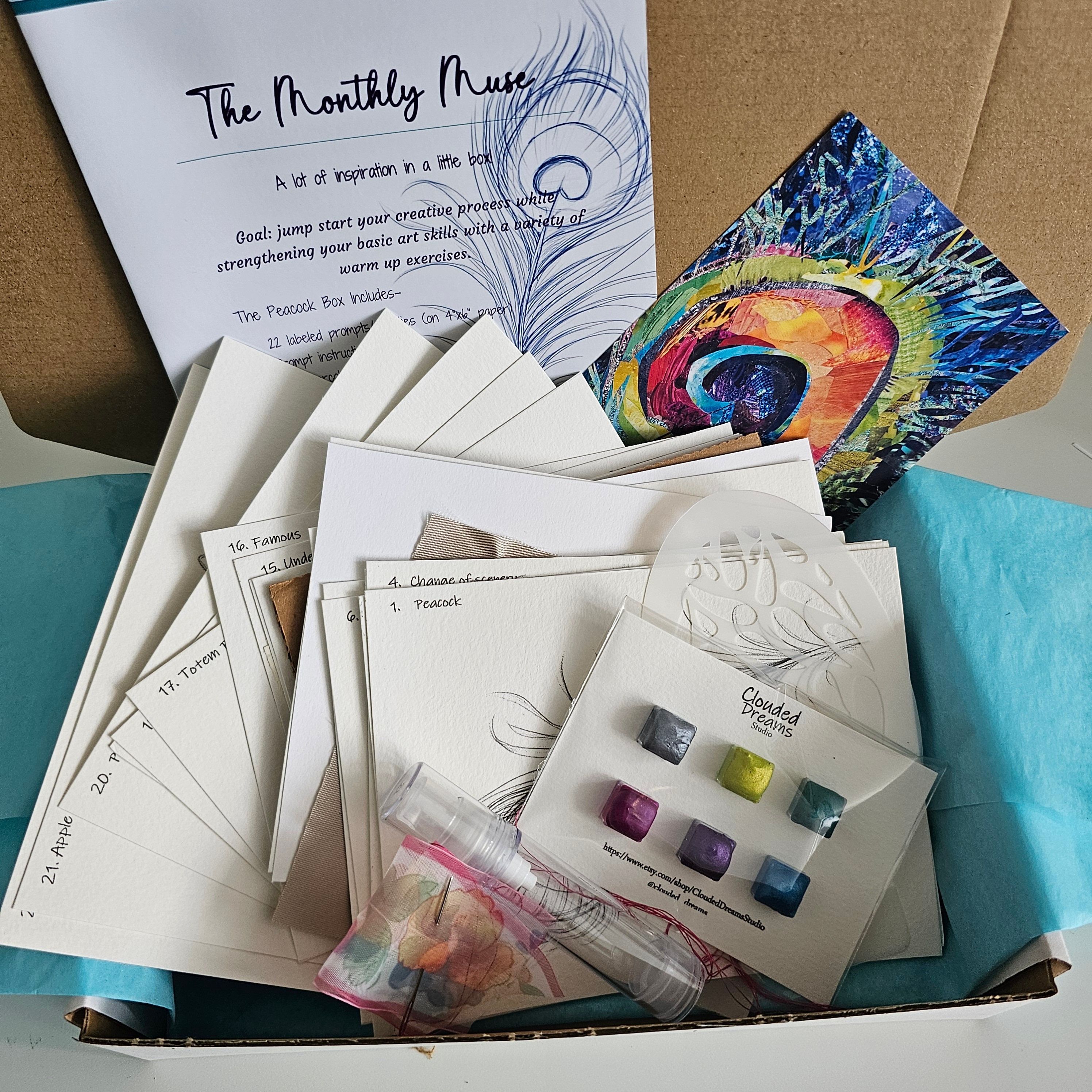 Watercolor Art Box Peacock Subscription Box, Monthly 22 Art prompts lessons Artist Gift learn to paint inspiration