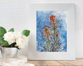 Indian paintbrush on blue- Art PRINT of an original watercolor illustration artwork, texas wildflowers, castilleja indivisa, native flowers