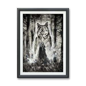 Guardian Art PRINT Little Red Riding hood red cap tale dark fantasy Grimm wolf werewolf Original watercolor illustration artwork