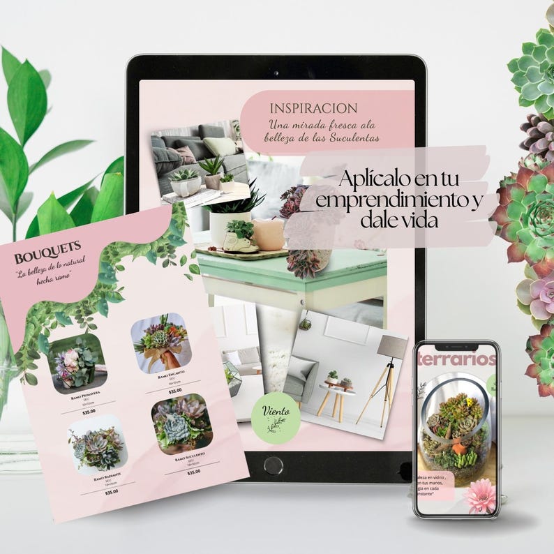 May include: A digital display featuring succulent arrangements and terrariums. The screen displays the text "INSPIRACION" and "Apl&iacute;calo en tu emprendimiento y dale vida". A pink flyer with the word "BOUQUETS" and images of floral arrangements is also visible.