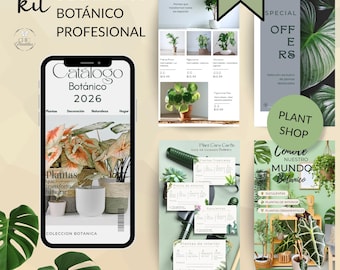 Plant shop Canva Templates Kit , Catálogo + Instagram Post + Historias , Branding botánico , Tarjetas de cuidado , Stickers