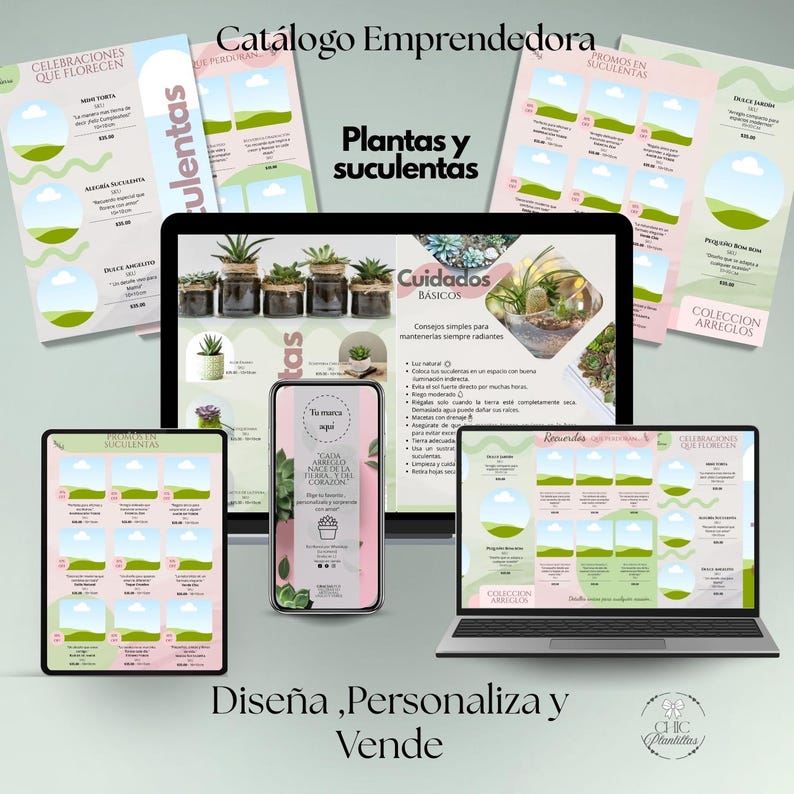 May include: A digital marketing display featuring a catalog for plants and succulents. The display includes a tablet, smartphone, and laptop, each showcasing product images and text. The text includes "Plantas y suculentas" and "Dise&ntilde;a, Personaliza y Vende."