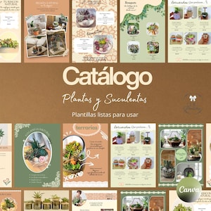 Könnte beinhalten: Ein Katalog mit dem Titel "Catálogo Plantas y Suculentas", der Pflanzen- und Sukkulentenarrangements, Terrarien und Bouquets zeigt. Die Seiten haben eine neutrale Farbpalette mit Bildern und Text. Der Text "Plantillas listas para usar" ist ebenfalls sichtbar.