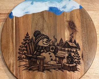 Snow Much Cozy | Hand-Engraved Winter Snowman Charcuterie Board with Blue & White Resin Custom/ Personalized