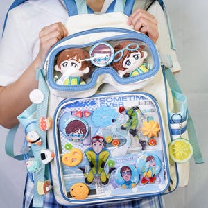 Puede incluir: Mochila blanca y azul con un bolsillo frontal transparente lleno de figuras y accesorios de dibujos animados. La mochila tiene ribetes y correas azules e incluye varios amuletos decorativos.