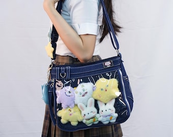Denim ita bag remake handmade ita tote bag crossbody ita bag cross rivet ita bag y2k ita bag window bags pin display bags