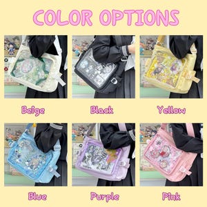 May include: A selection of six messenger bags in various colors: beige, black, yellow, blue, purple, and pink. Each bag features a clear front pocket displaying decorative items. The text "COLOR OPTIONS" is at the top.
