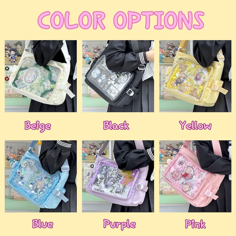 May include: A selection of six messenger bags in various colors: beige, black, yellow, blue, purple, and pink. Each bag features a clear front pocket displaying decorative items. The text "COLOR OPTIONS" is at the top.