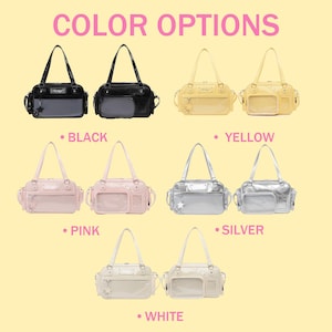 May include: Image showcasing a variety of shoulder bags in multiple colors. The bags are available in black, yellow, pink, silver, and white. The text "COLOR OPTIONS" is displayed at the top. Each bag has a rectangular shape with a top handle and a transparent pocket.